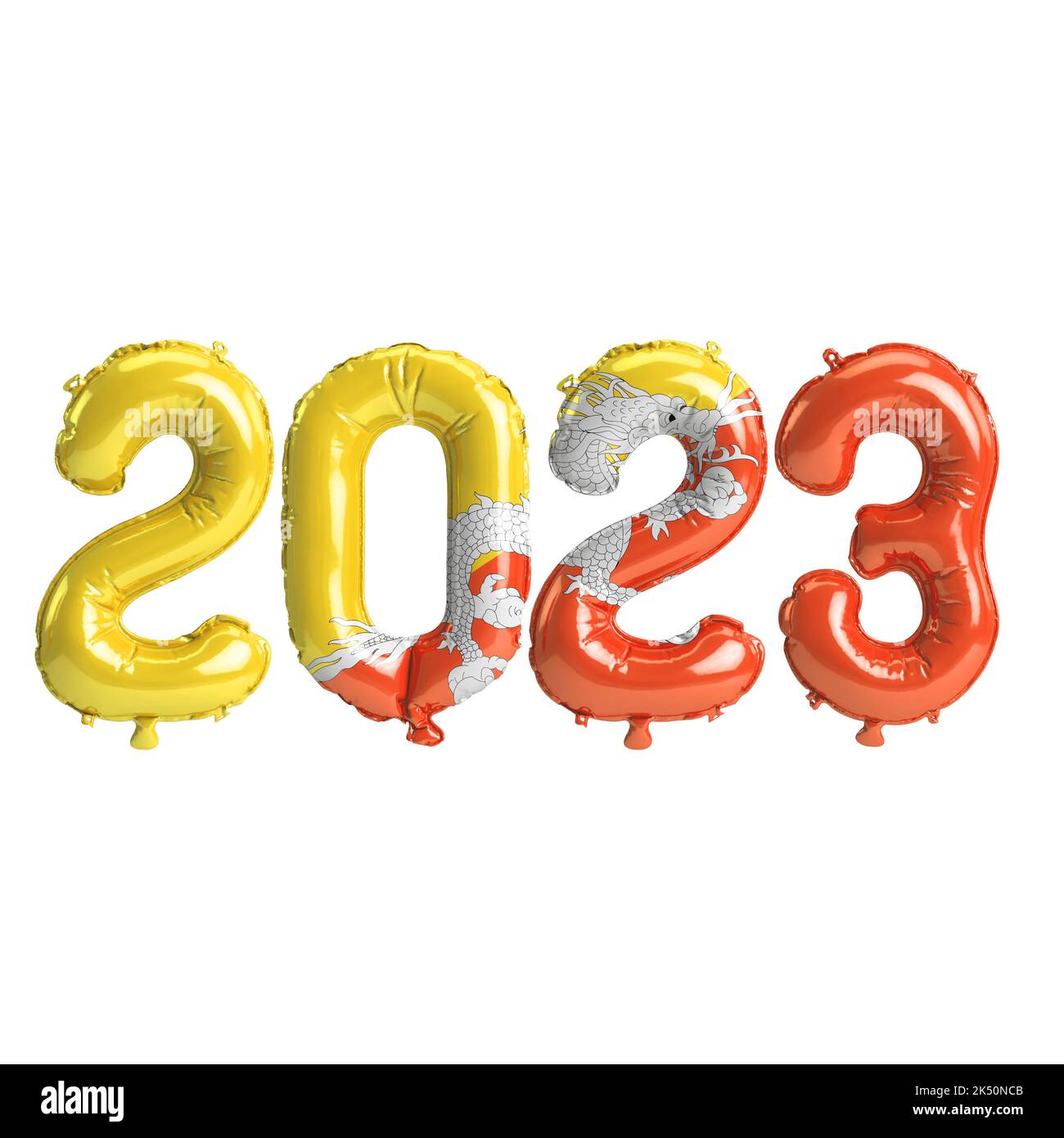 3D illustration de ballons de 2023 ans avec drapeau bhoutanais isolé sur fond blanc Banque D'Images