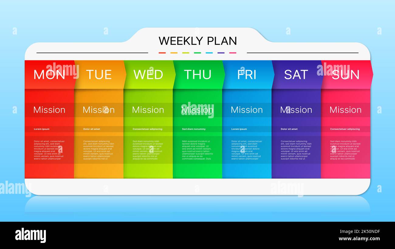 Calendrier hebdomadaire, calendrier agenda ou calendrier journalier, modèle d'événements métier vectoriels. Calendrier du planning hebdomadaire pour le calendrier de formation, le calendrier de gestion du travail au bureau et le plan de tâches de la mission Illustration de Vecteur