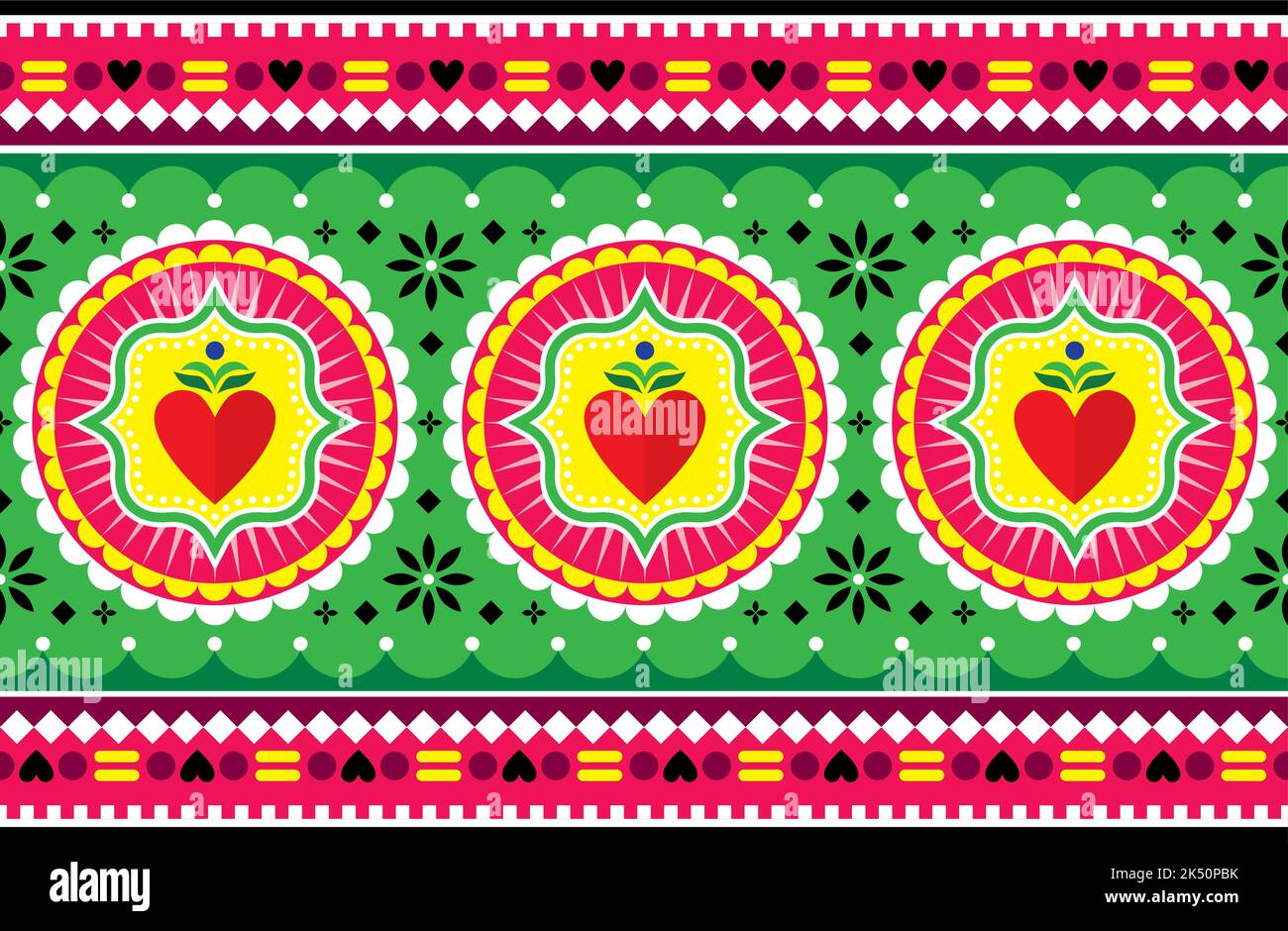 Motif vectoriel artistique pakistanais ou indien avec coeurs - long motif horizontal orienté Illustration de Vecteur