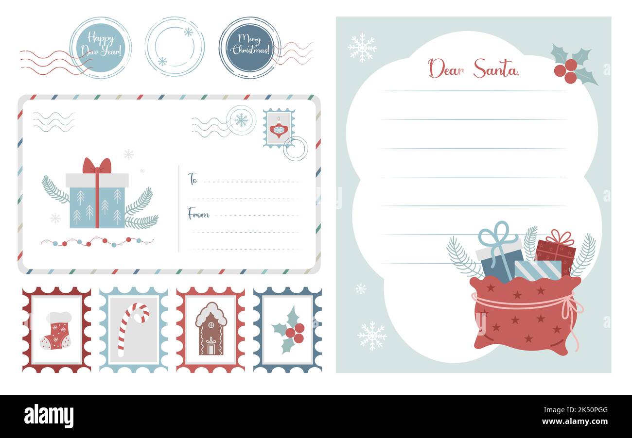 Ensemble de modèles de Noël. 2023 nouvel an, lettre au Père Noël, enveloppe postale, sceaux et timbres-poste. Ensemble vectoriel pour la décoration de cartes de Noël Illustration de Vecteur