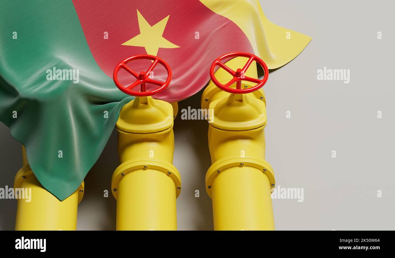 Drapeau camerounais couvrant une conduite de carburant de pétrole et de gaz. Concept de l'industrie pétrolière. 3D rendu Banque D'Images