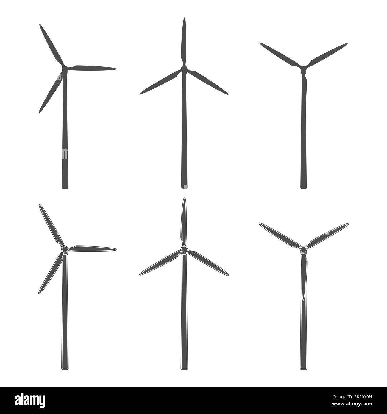 Jeu d'illustrations noir et blanc avec éolienne, moulin à vent. Objets vectoriels isolés sur fond blanc. Illustration de Vecteur