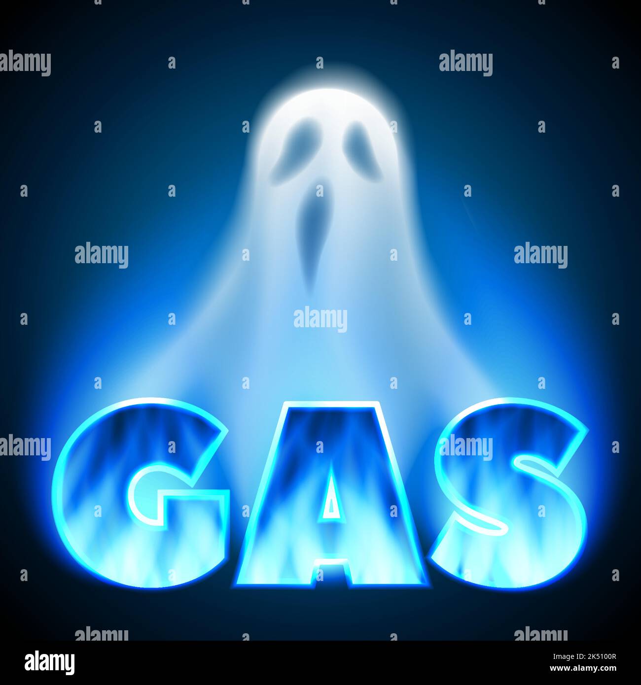 Lettres de gaz avec flamme de gaz et fantôme blanc. Bannière sur fond bleu foncé. Illustration néon. Disparition du carburant, de la crise et des sanctions. Vecteur Ill Illustration de Vecteur