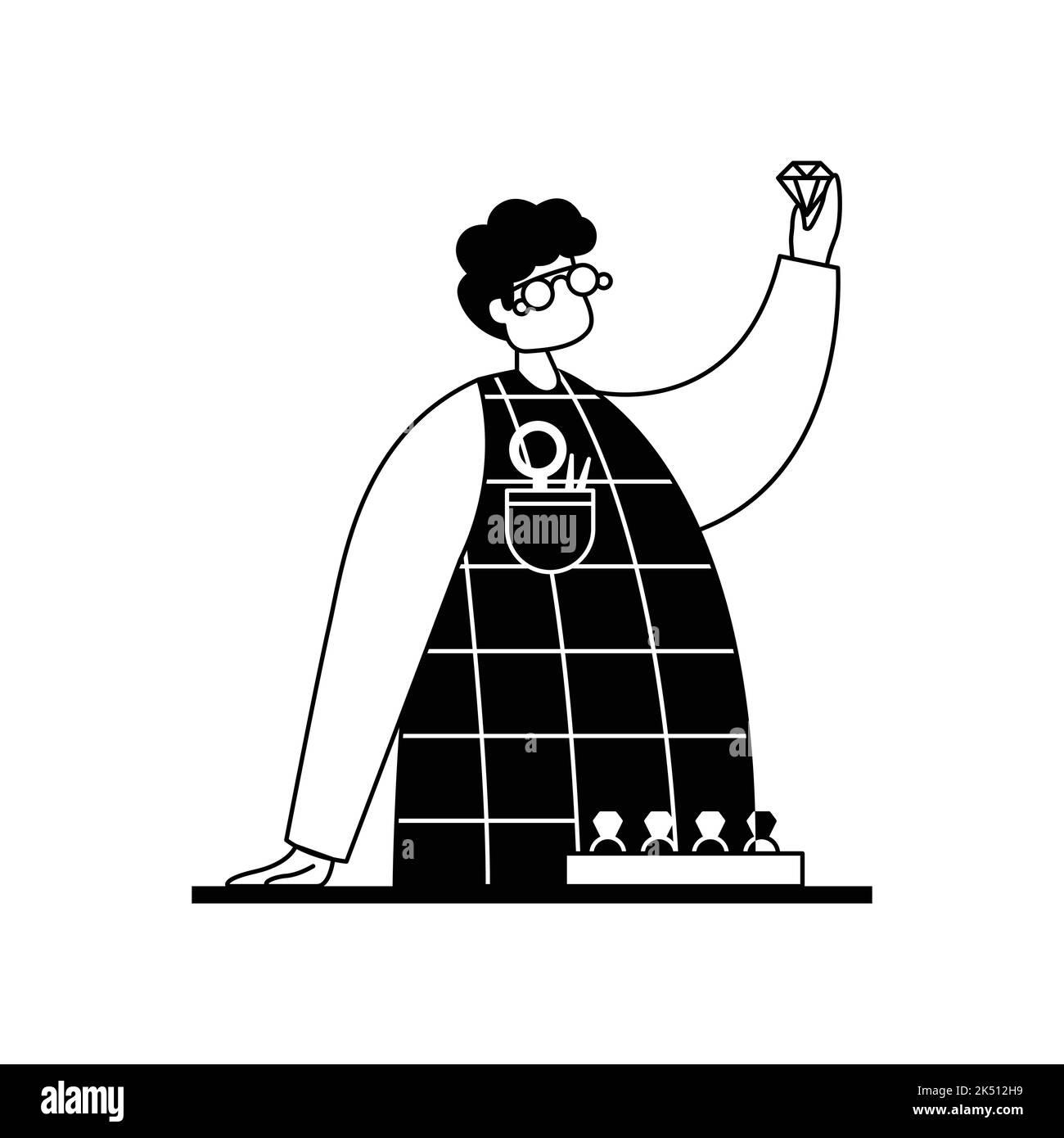 Illustration vectorielle d'un joaillier avec un diamant dans sa main avec des outils professionnels. Profession. Contour Illustration de Vecteur