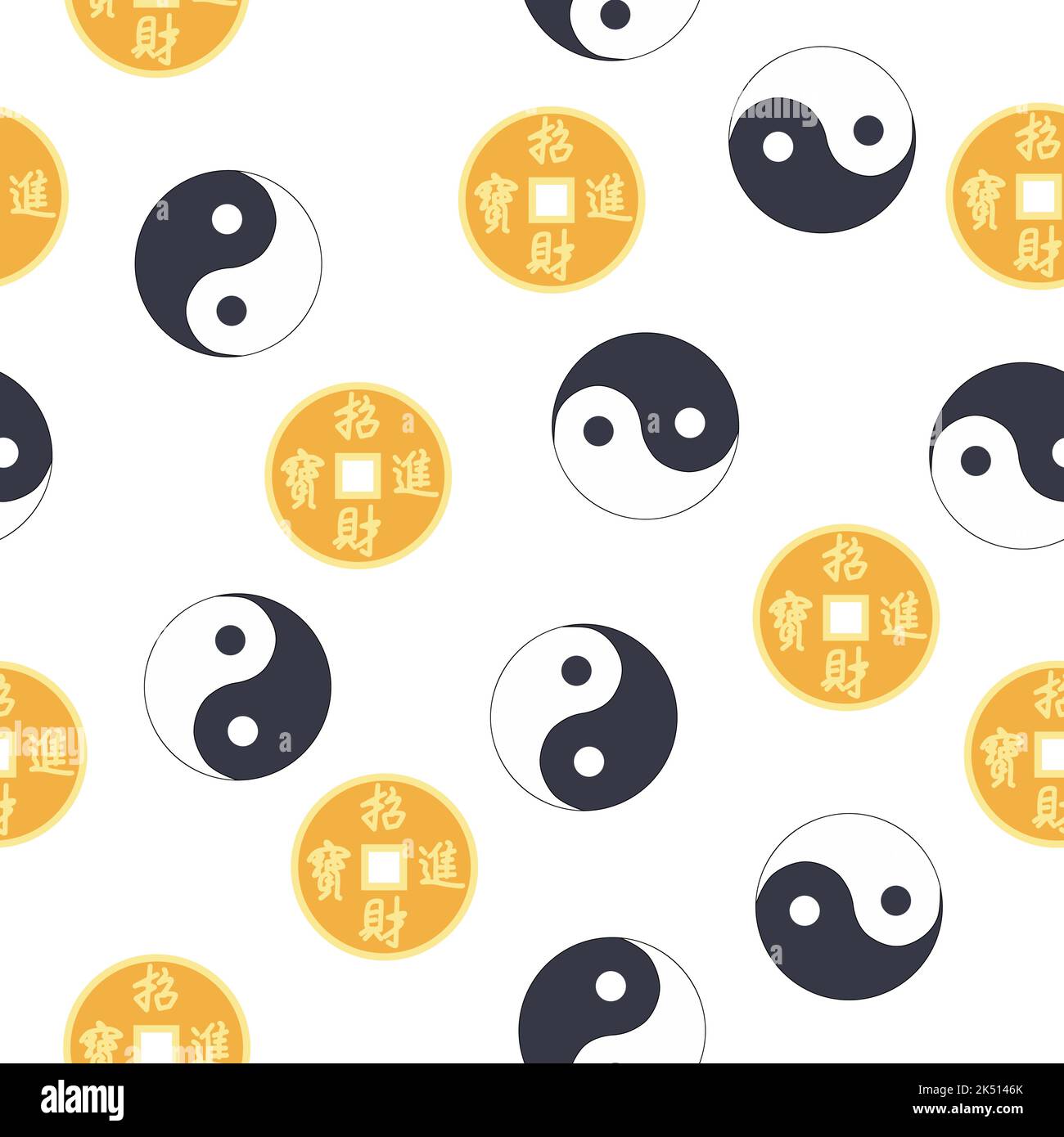 Motif chinois sans couture avec pièce de monnaie chinoise feng shui avec trou, symbole yin yang. Illustration de Vecteur