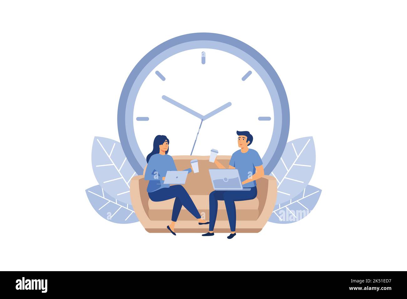Homme et femme assis sur un canapé et travaillant sur un ordinateur portable dessin vectoriel de dessin animé. Collègues Drinking Takeaway café avec énorme horloge sur B Illustration de Vecteur