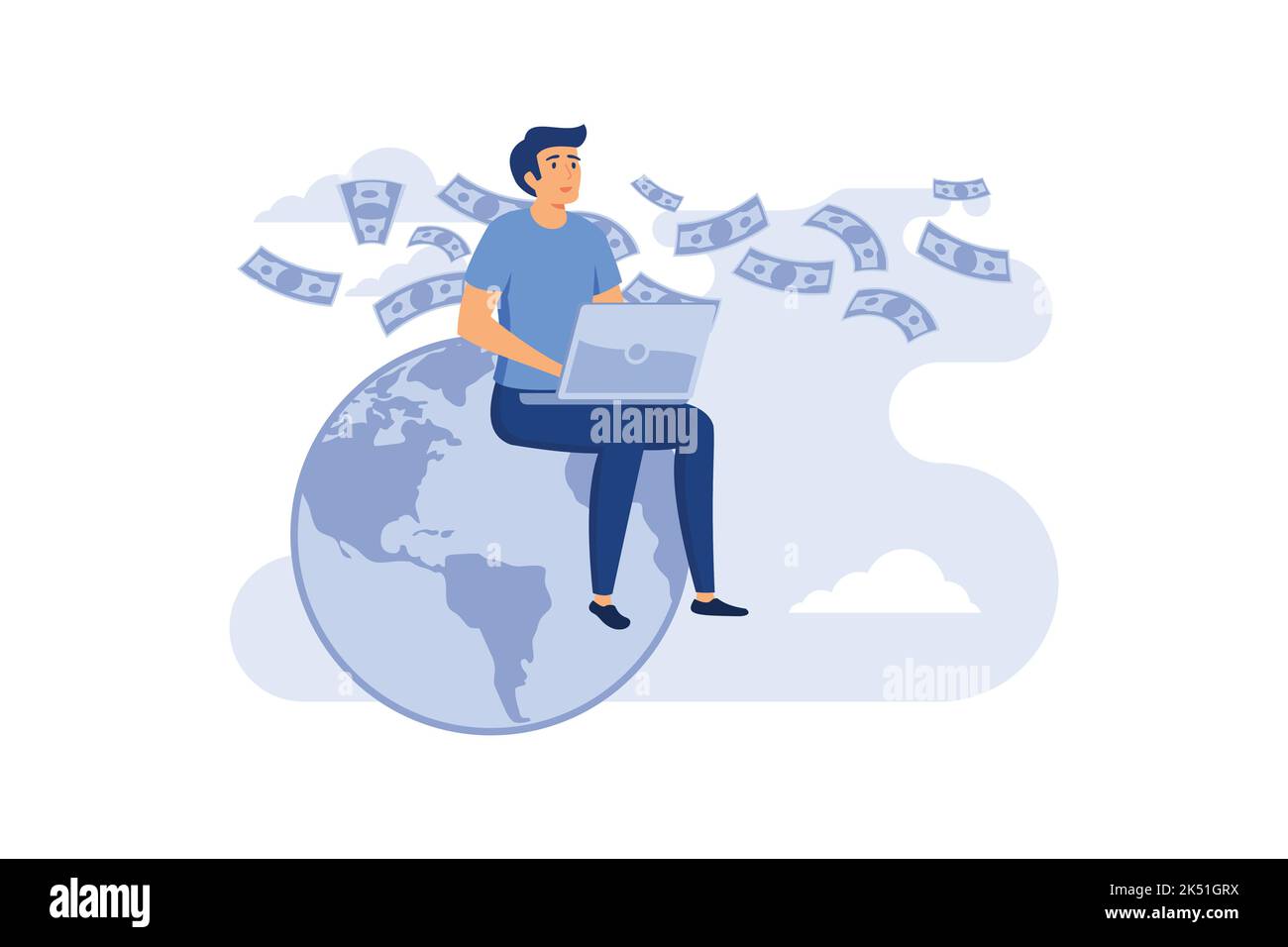 caractère stylisé. homme d'affaires faisant de l'argent en ligne, gagnant sur le réseau, internet. Homme assis sur le globe avec ordinateur portable. illustration vectorielle plate Illustration de Vecteur