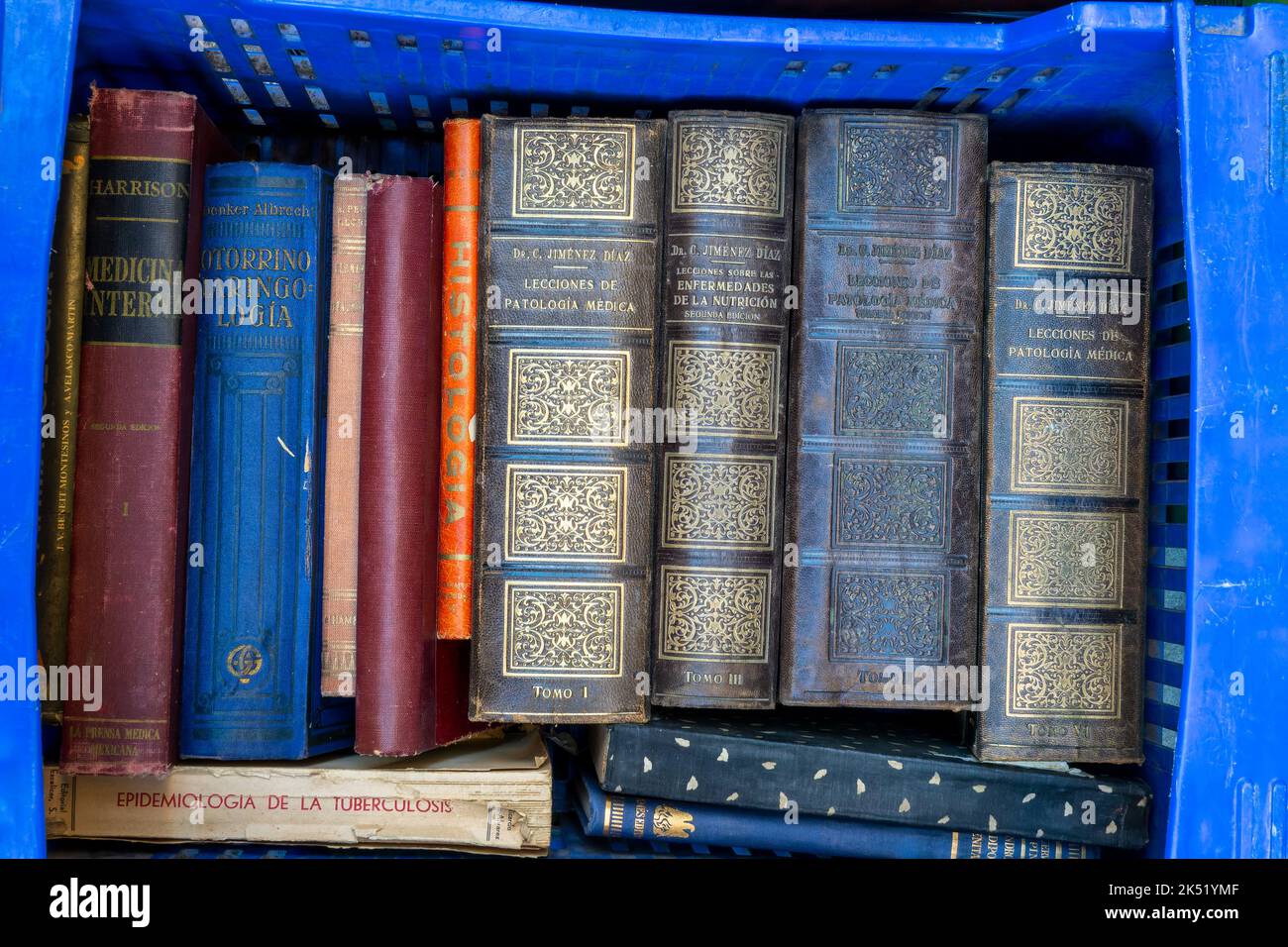 Vieux livres médicaux espagnols à vendre au marché aux puces d'El Rastro à Madrid, Espagne Banque D'Images