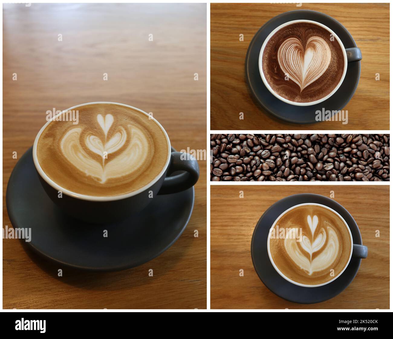 Tasses à café placées sur une table dans un café, latte art dans un verre blanc dans un café pour le design dans votre concept de travail. Banque D'Images