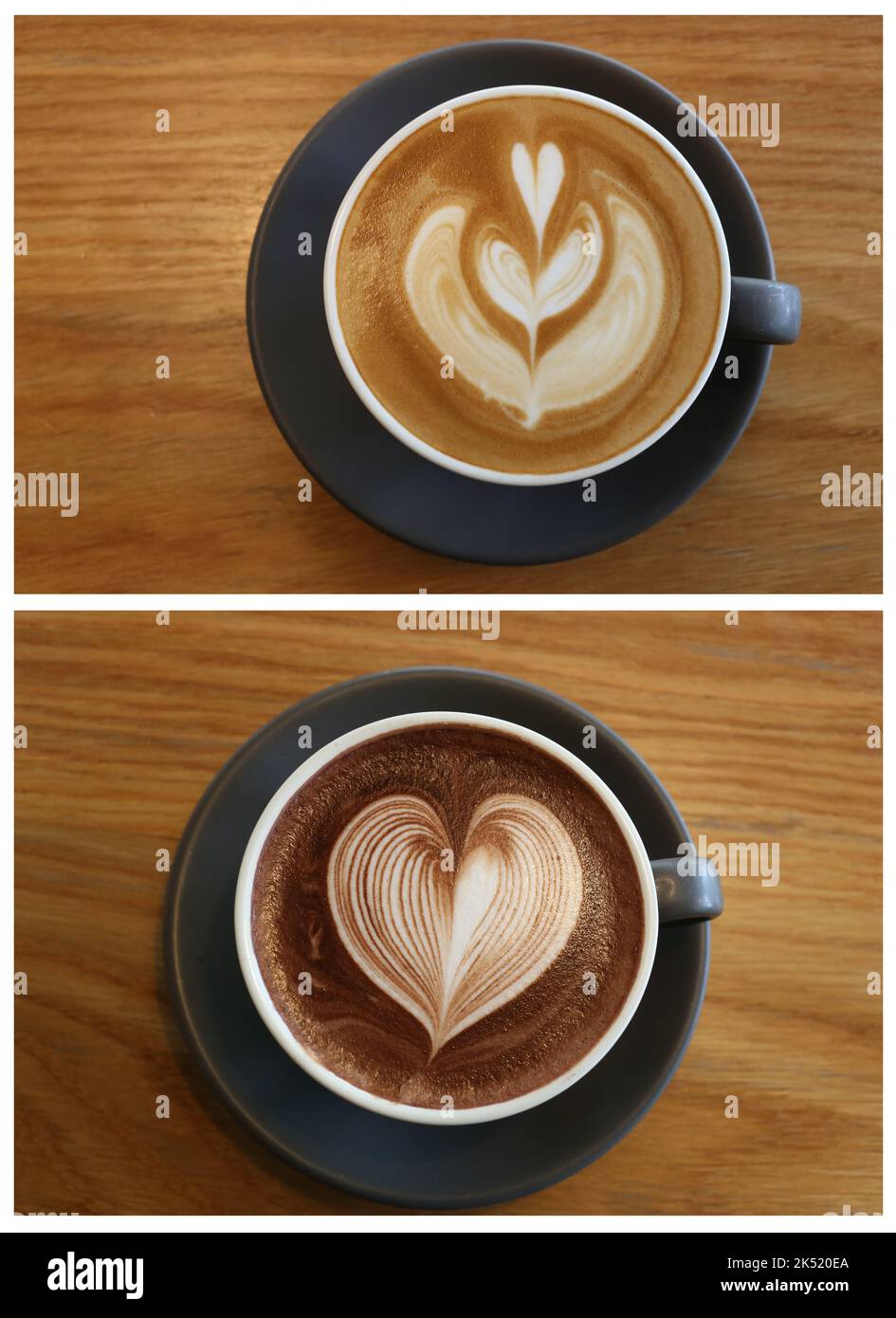 Tasses à café placées sur une table dans un café, latte art dans un verre blanc dans un café pour le design dans votre concept de travail. Banque D'Images