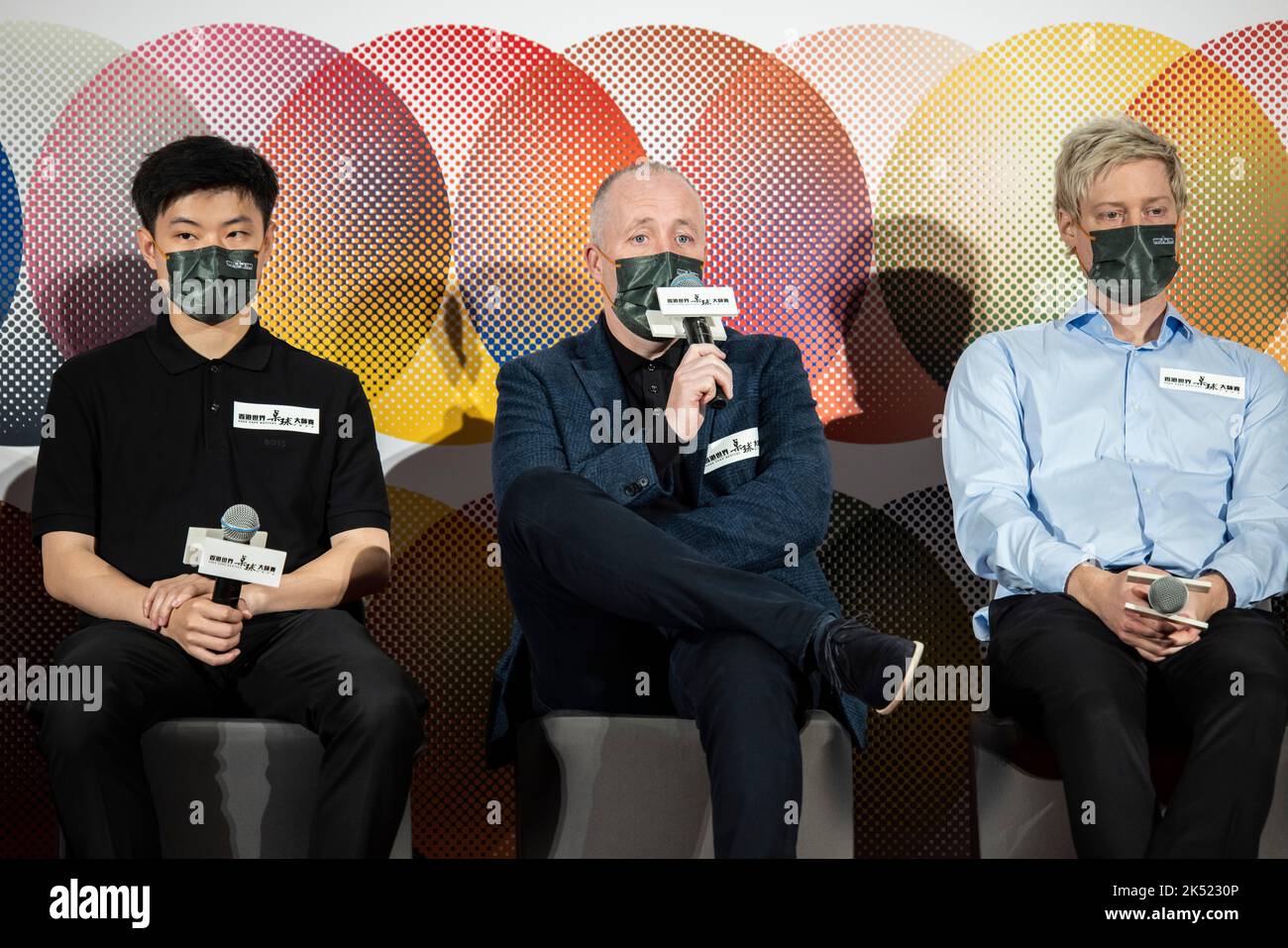 Hong Kong, Chine. 05th octobre 2022. HONG KONG, HONG KONG SAR, CHINE : OCTOBRE 5TH 2022. Hong Kong Masters 2022 Snooker Press Conference.L à R Zhao Xintong World Ranking: 6, John Higgins World Ranking: 5, Neil Robertson World Ranking: 4. Alamy Live Sport/Jayne Russell Credit: Jayne Russell/Alamy Live News Banque D'Images