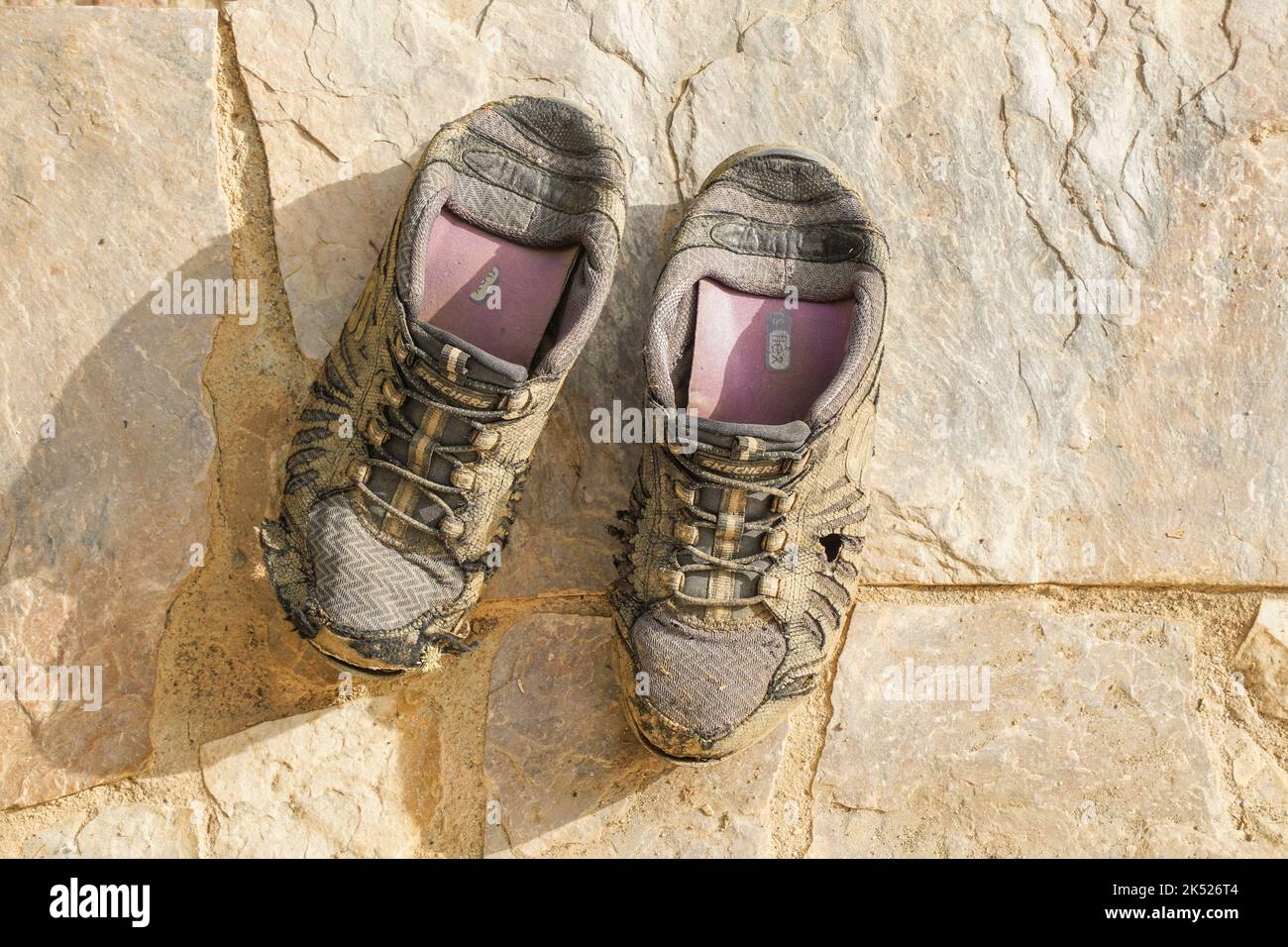 Une paire de chaussures sales Skechers utilisées dans le jardin. Banque D'Images