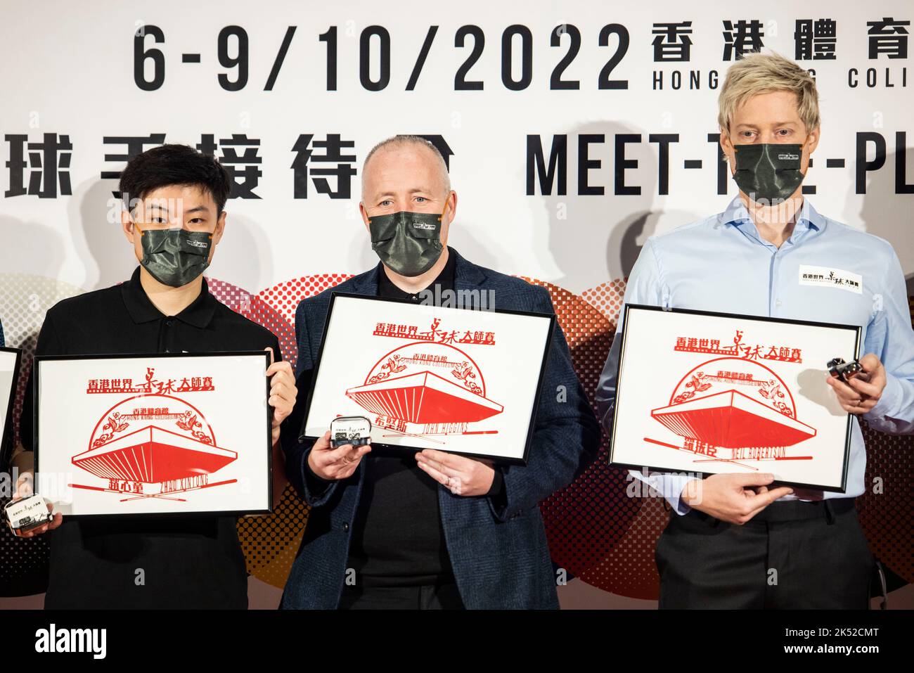 Hong Kong, Hong Kong, Chine. 5th octobre 2022. Hong Kong Masters 2022 Snooker Press Conference.L to R Zhao Xintong World Ranking: 6, John Higgins World Ranking: 5, Neil Robertson World Ranking: 4, (Credit image: © Jayne Russell/ZUMA Press Wire) Banque D'Images