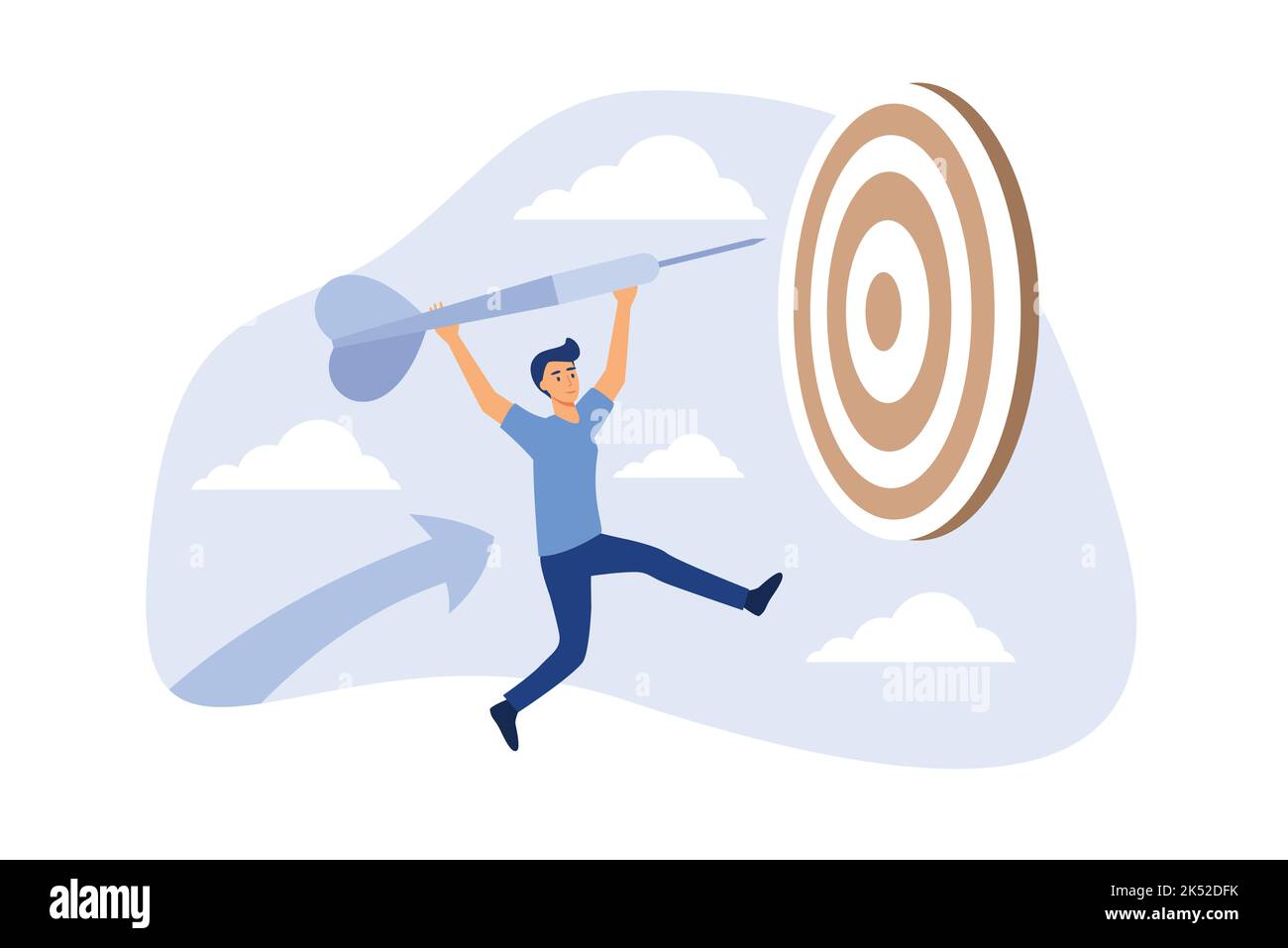 Réalisation ou succès de l'objectif d'entreprise et atteinte du concept de l'objectif et de l'objectif, le chef d'entreprise tenant le dart courir à partir de la flèche du graphique montant et j Illustration de Vecteur