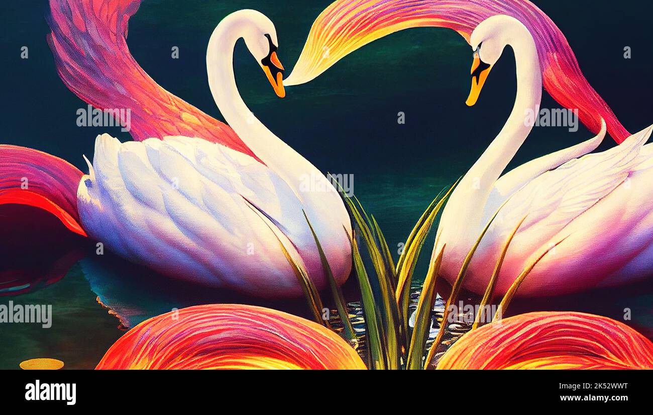 Une illustration des cygnes blancs gracieux sur le lac avec des nénuphars roses - super pour un fond Banque D'Images