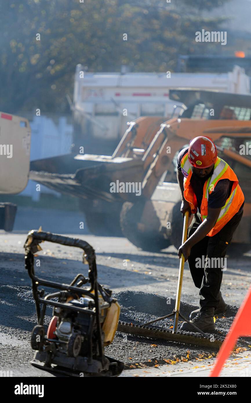 Une équipe de pavage de routes ou de rues travaillant à réparer une surface d'asphalte à l'aide de râteaux et de pelles Banque D'Images