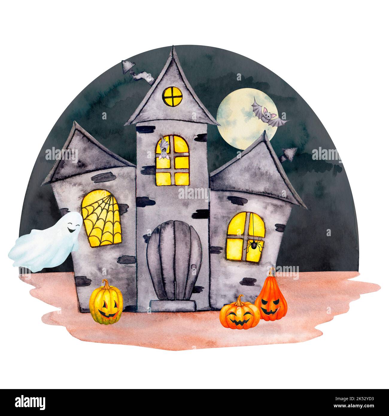 Une maison hantée avec des araignées et des chauves-souris sur fond de ciel et de lune de nuit. Fond aquarelle pour Halloween. Banque D'Images