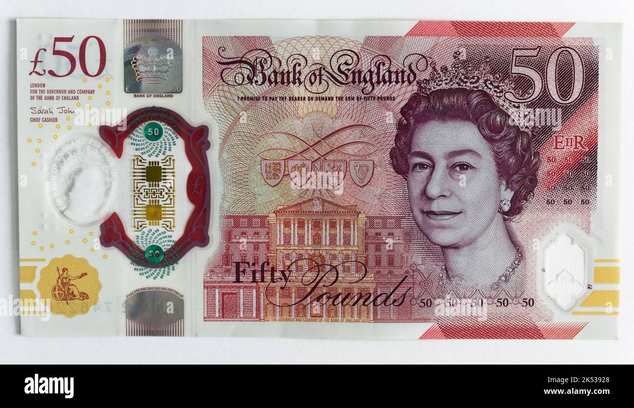 Livre sterling britannique £50 note mettant en vedette la tête de la reine Elizabeth la seconde. Banque D'Images