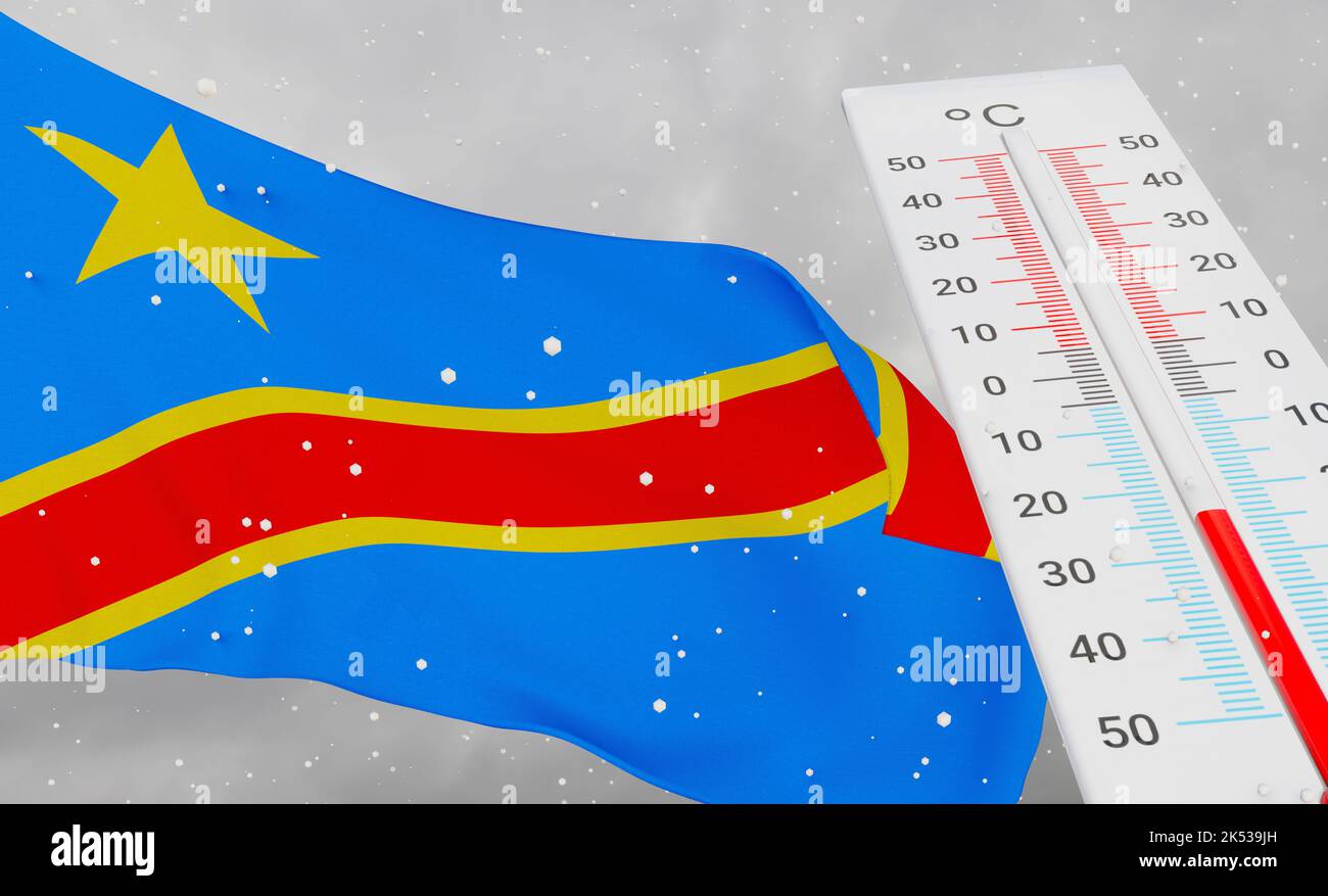 Hiver en RDC avec froid sévère, température négative, saison froide en RDC, temps le plus froid en RDC, drapeau RDC avec thermomètre. 3D travail et 3D i Banque D'Images