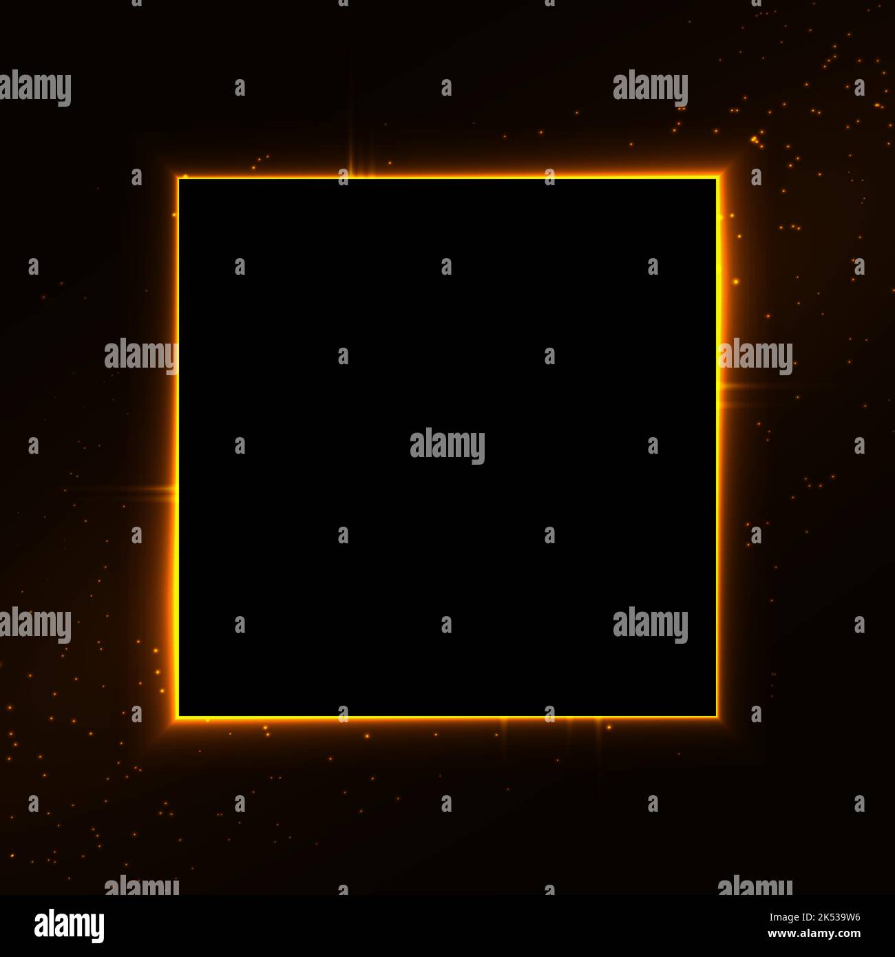 Cadre carré doré brillant sur fond noir avec effets de lumière. La bordure est scintille avec de la poussière magique et de l'espace de texte. Modèle de bannière de luxe pour Illustration de Vecteur