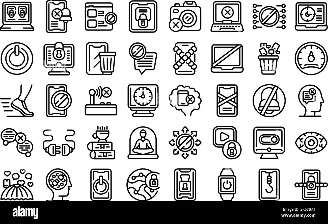 Les icônes de détox numérique définissent le vecteur de contour. Dépendance hors ligne. Lecture des habitudes Illustration de Vecteur
