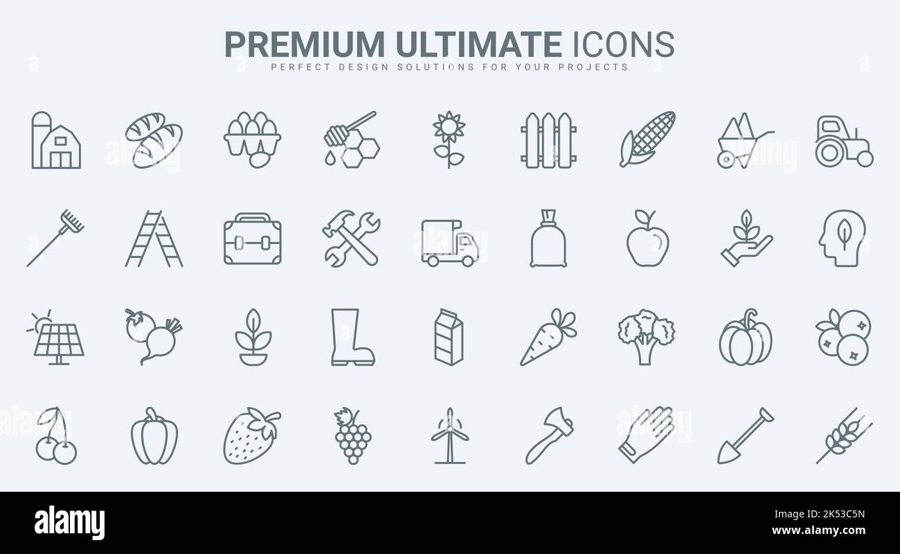 Les icônes de l'agriculture agricole en traits fins définissent l'illustration vectorielle. Aperçu de la récolte biologique, tracteur et camion, moulin à vent et panneau solaire de village écologique, équipement agricole agricole, machines pour l'agronomie Illustration de Vecteur