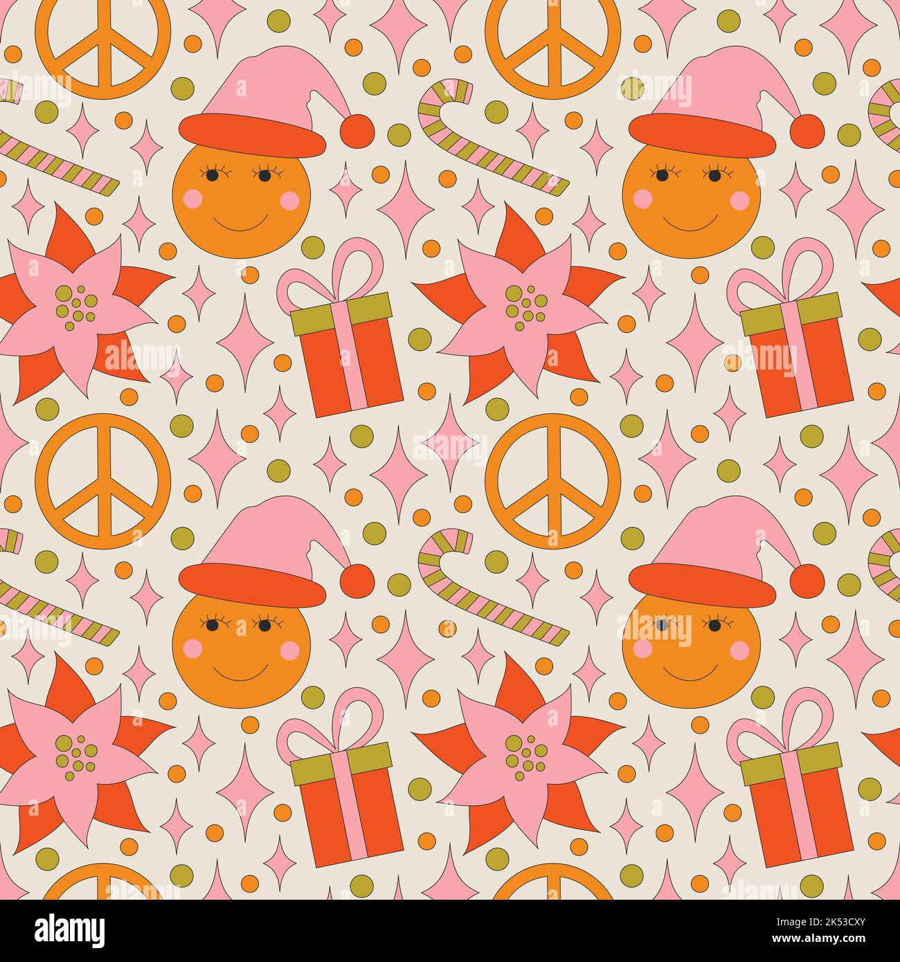 Motif sans couture avec éléments de Noël rétro de style 70s. Illustration de Vecteur