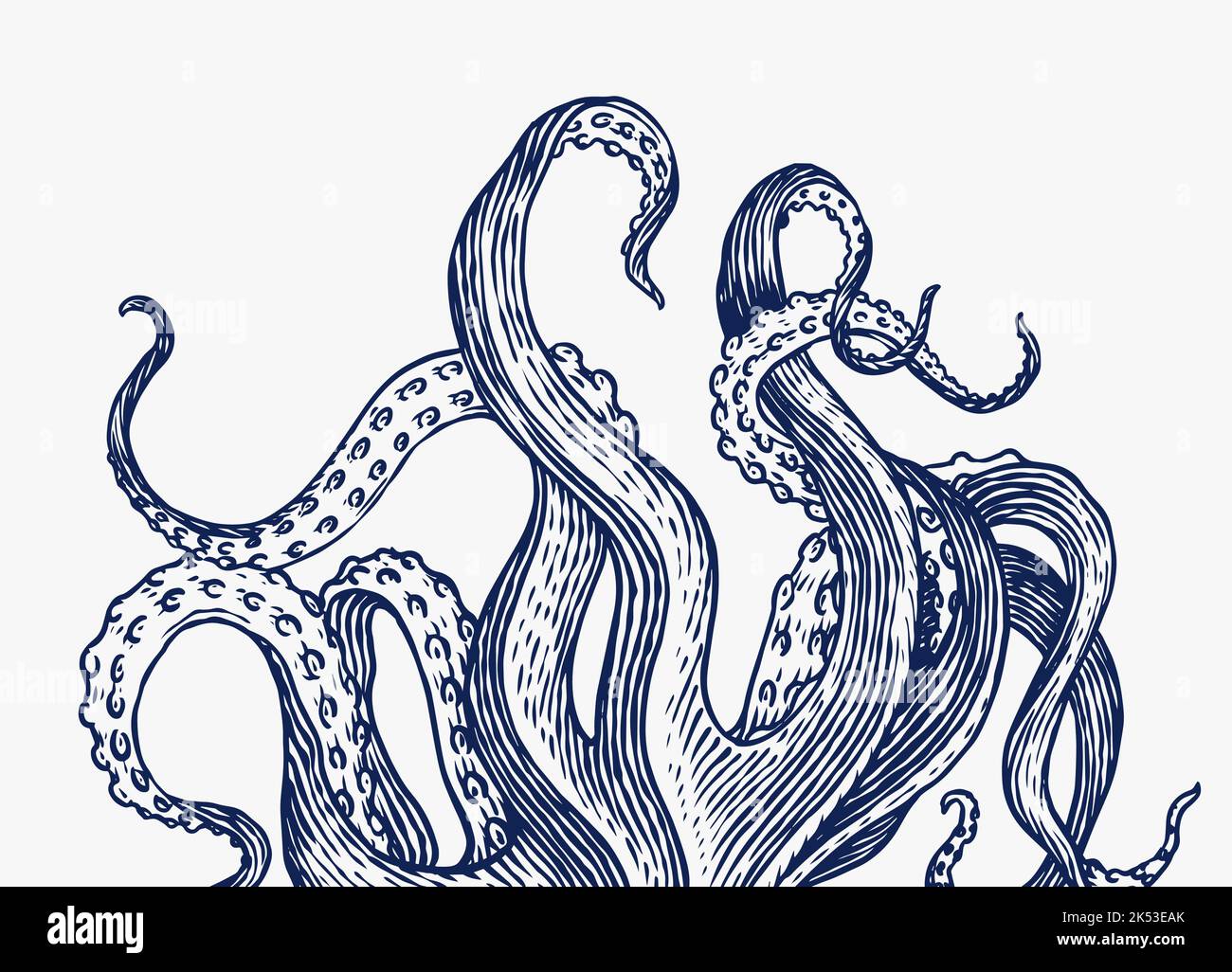 Tentacules d'octopus. Gravé à la main, dessiné dans un vieux croquis, créature vintage. Marin ou marin, monstre. Animal dans l'océan. Modèle pour logos, étiquettes Illustration de Vecteur