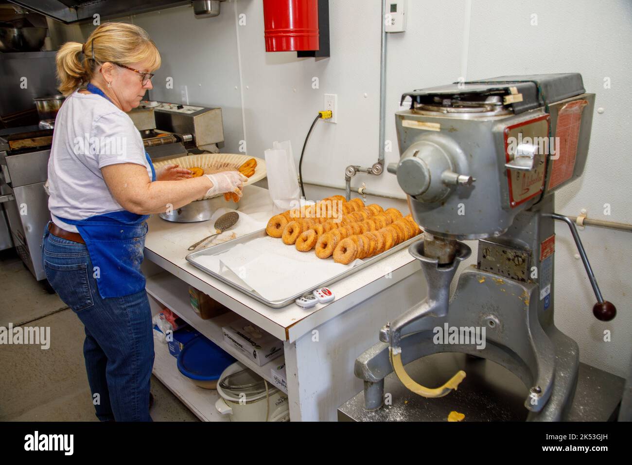Rogers Family Orchard, Johnstown, Fulton County, New York : la fabrication de beignets au cidre de pomme est une tradition d'automne dans le nord de l'État de New York. Banque D'Images