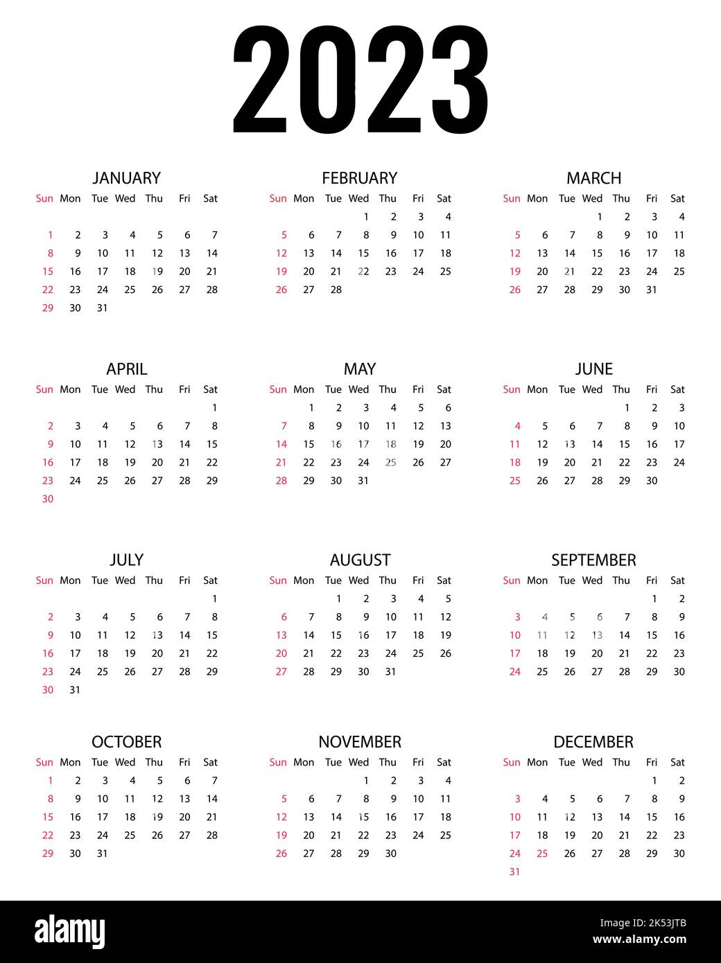 Calendrier de l'année 2023. La semaine commence le dimanche. Modèle du calendrier annuel 2023. Rouge et noir. Illustration de Vecteur