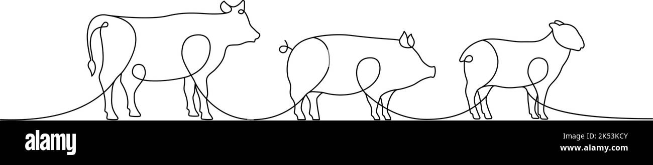 Animaux de ferme une ligne de dessin continu. Silhouettes de porc, de ...
