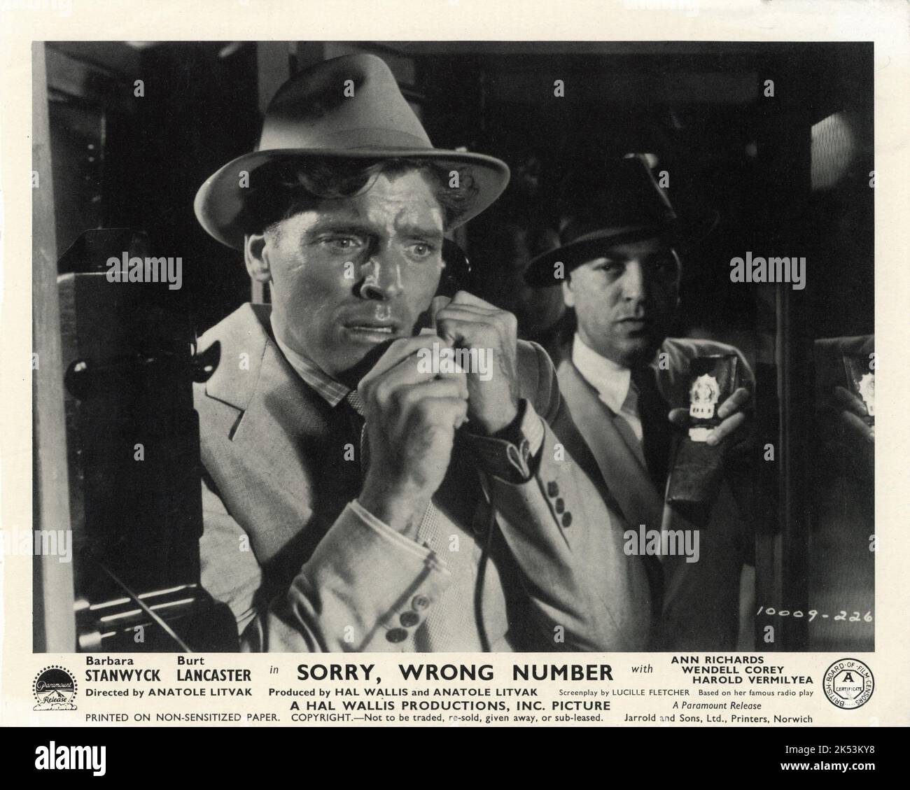 BURT LANCASTER DÉSOLÉ, ERREUR NUMÉRO 1948 réalisateur ANATOLE LITVAK radio play et scénario par Lucille Fletcher musique Franz Waxman Hal Wallis Productions / Paramount Pictures Banque D'Images