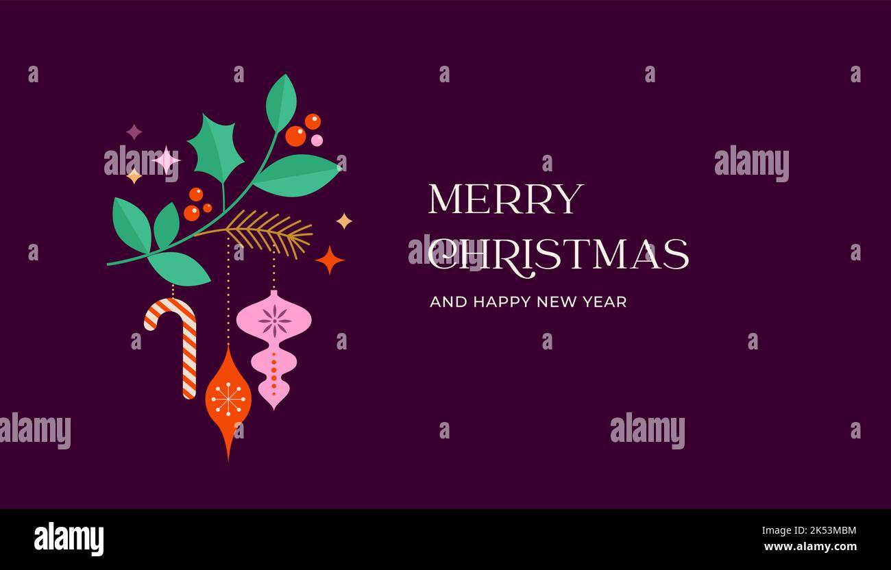 Fond de Noël avec plusieurs décorations de Noël et éléments d'hiver. Illustration vectorielle colorée dans un style de dessin animé géométrique plat Illustration de Vecteur