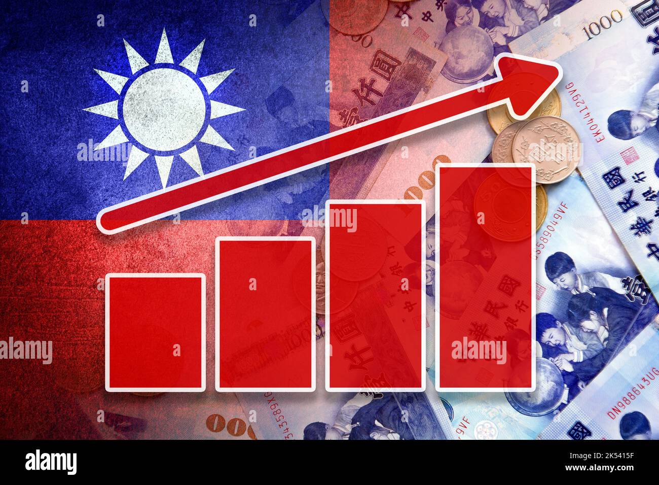 Graphique économique: Flèche vers le haut, drapeau de Taïwan et billets et pièces en espèces du nouveau dollar de Taïwan Banque D'Images