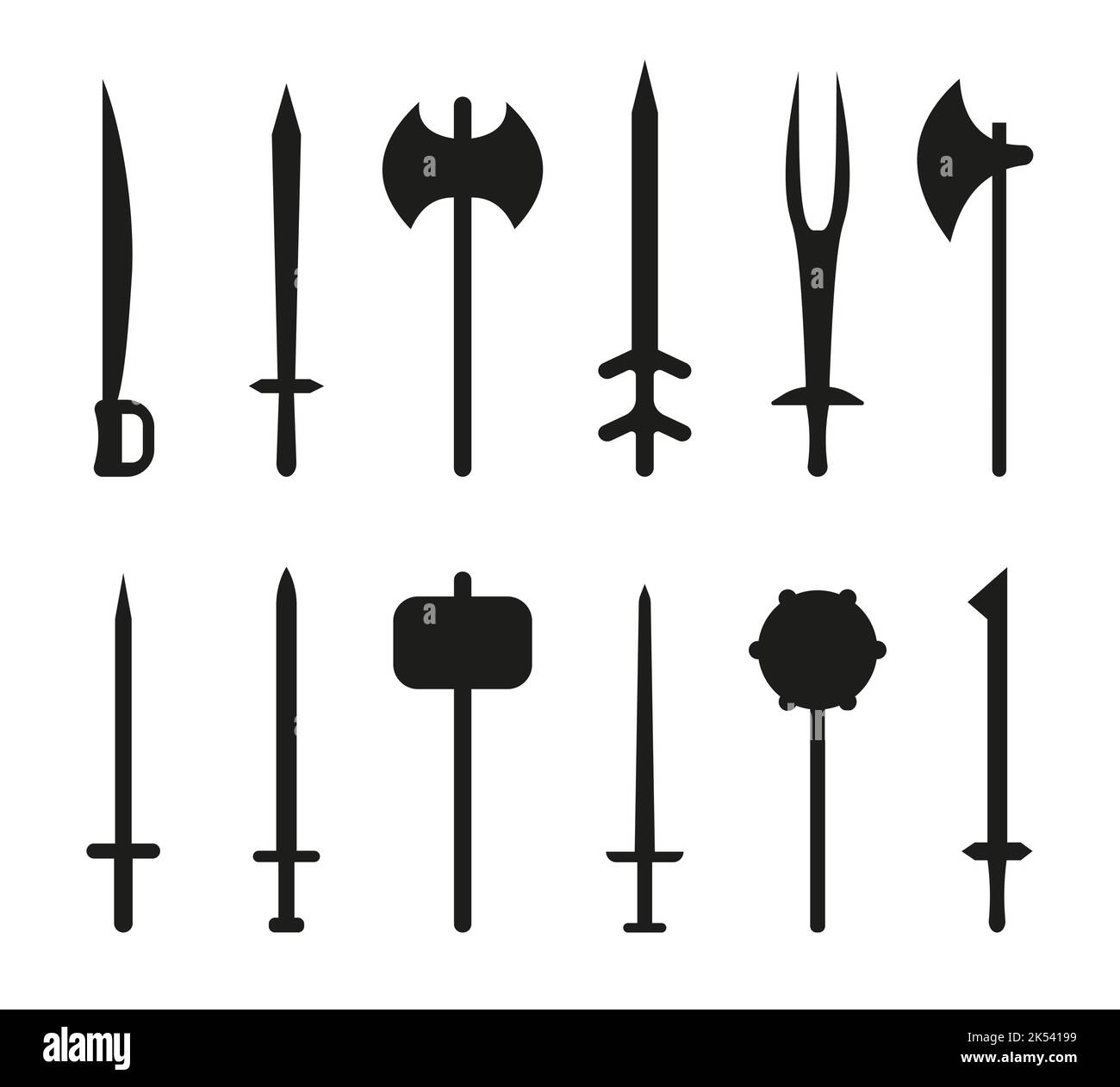 Arme antique silhouette noire plate Icon Set. Épée échantillon médiéval. Collection War AX et mace. Longue clé à cliquet. Design militaire ancien. Lame affûtée ancienne. Ancien panneau simple Illustration de Vecteur