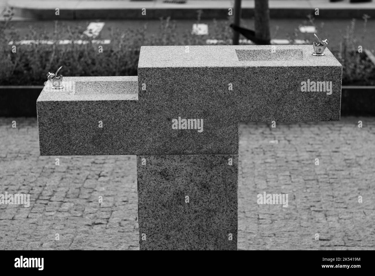 Une échelle de gris d'une fontaine à boire géométrique sur un trottoir avec des plantes et une route pavée en arrière-plan. Banque D'Images