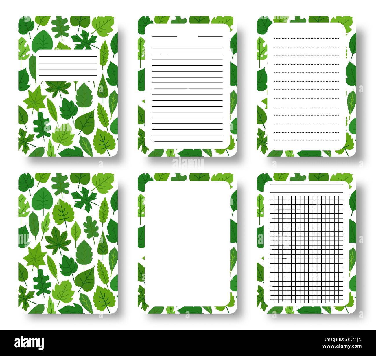 Couverture de carnet à feuilles vertes, ensemble de pages lignées. Feuille d'été joli motif avec espace de copie modèle de feuille quadrillée pour carnet de notes annuel brochure. Arbre feuillage planificateur livret journal imprimé Illustration de Vecteur