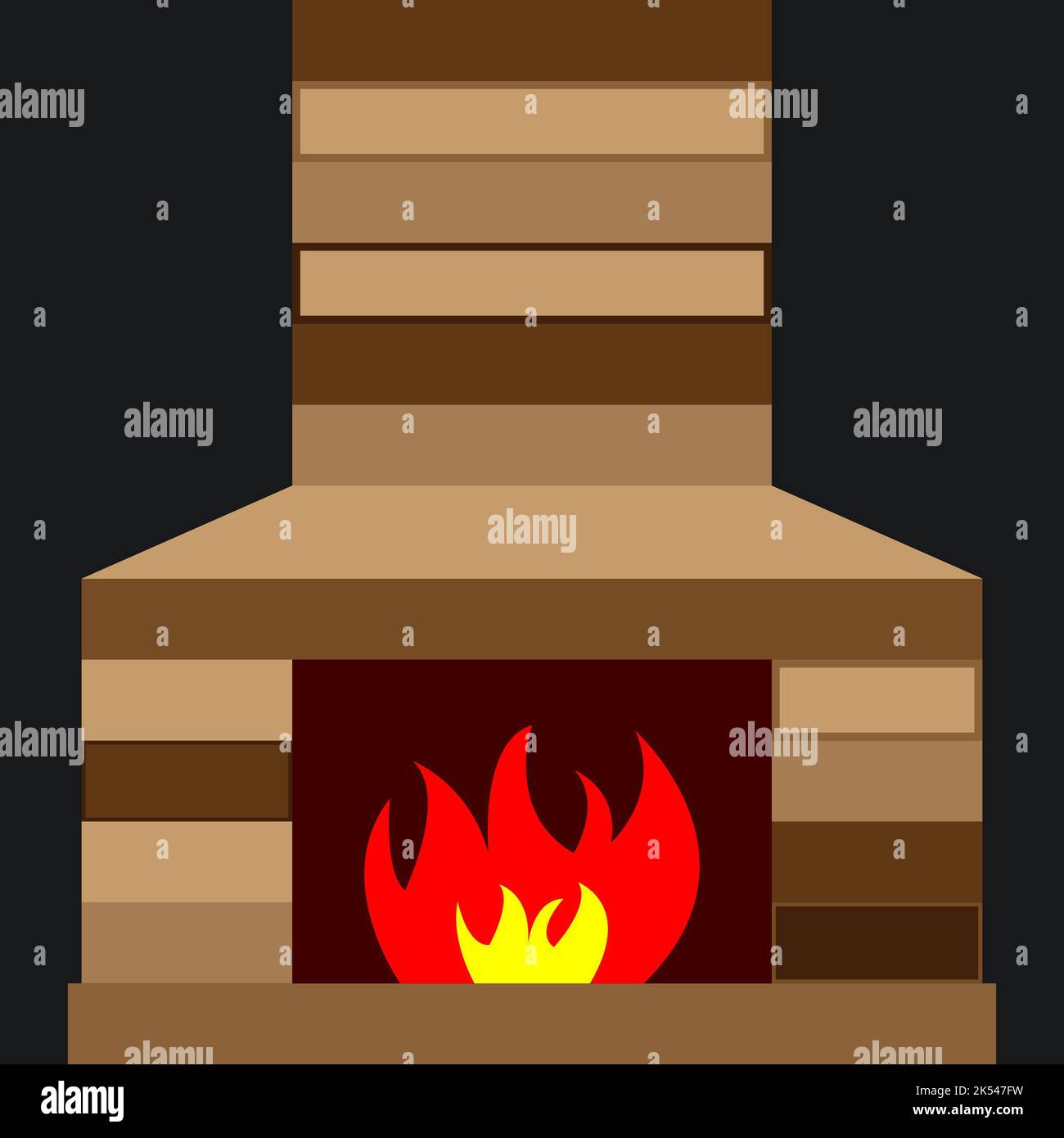 Une cheminée avec des briques de couleur marron multicolore, décoration d'intérieur, décoration intérieure, feu, couleurs rouge et jaune, foyer chauffant, illustration de cheminée Banque D'Images