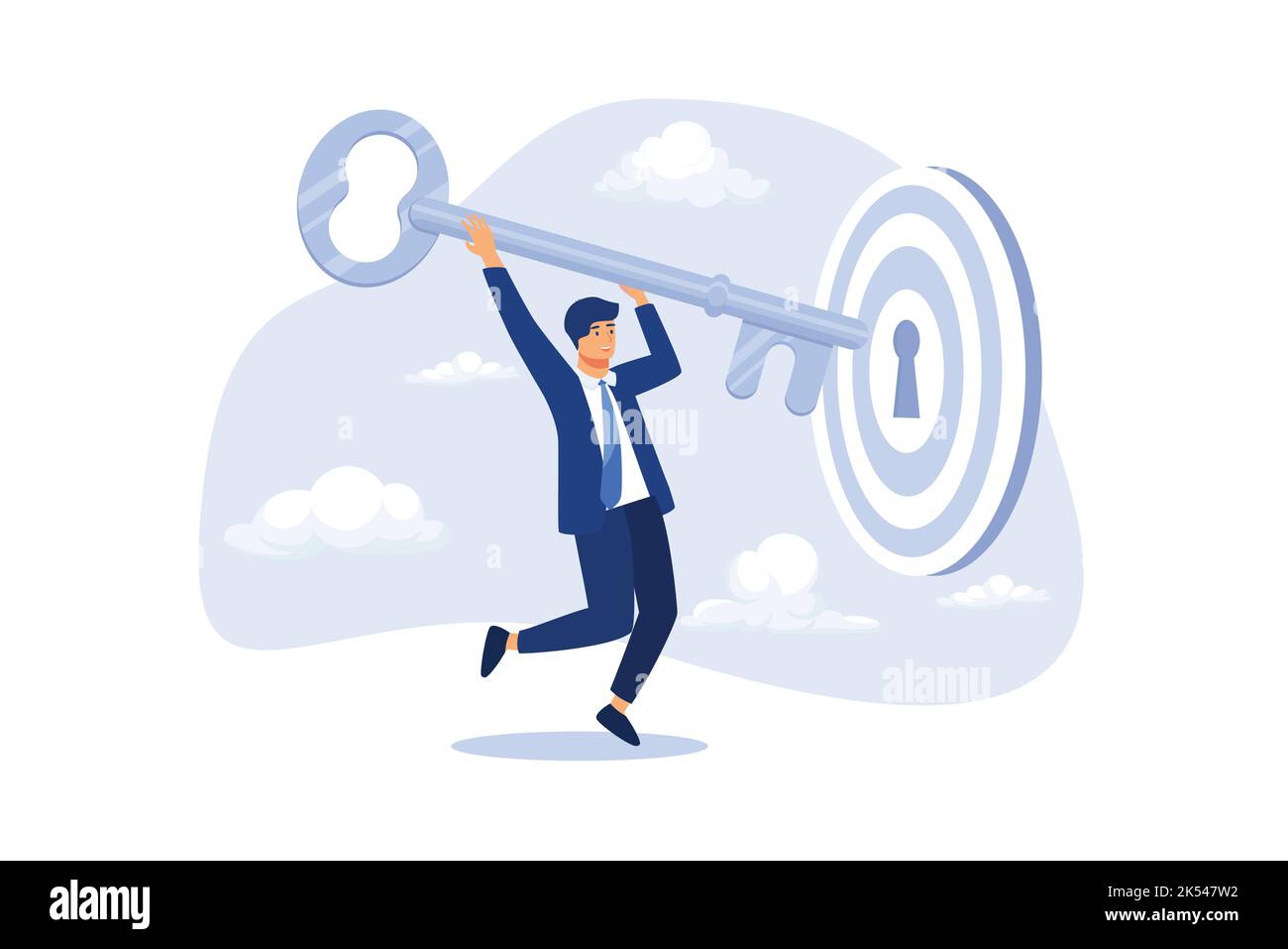 Clé de la réussite et de l'atteinte de l'objectif d'affaires, KPI, réalisation de carrière ou secret pour la réussite dans le travail concept, homme d'affaires mettant la clé d'or dans bullsey Illustration de Vecteur