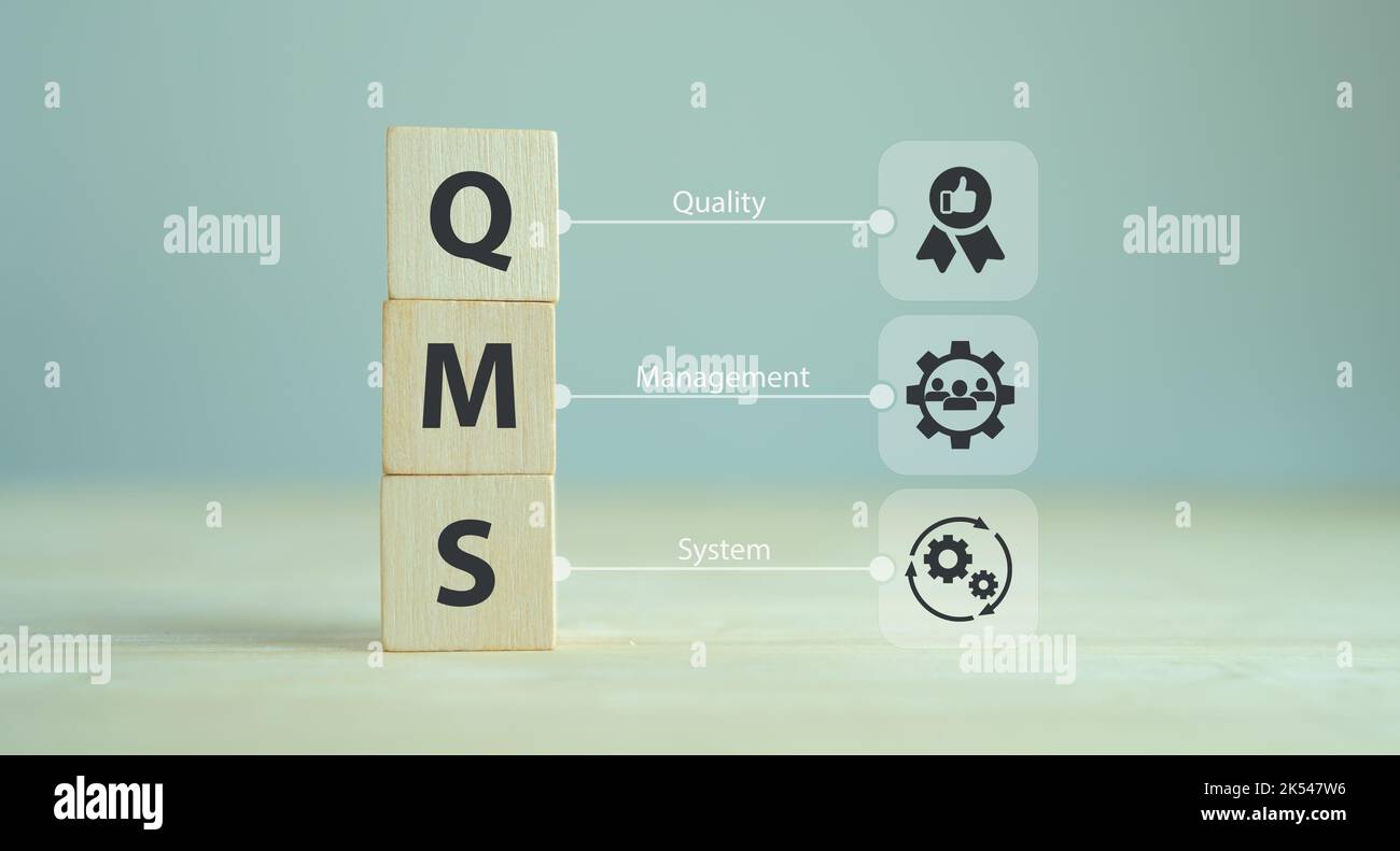 QMS, concept de système de gestion de la qualité. Système officiel pour la réalisation des politiques et des objectifs de qualité. Norme ISO 9001. Cubes en bois avec abbrev Banque D'Images