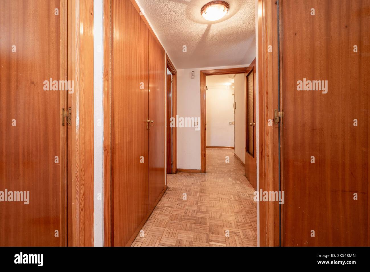 Couloir d'une habitation urbaine vide avec parquet en chêne et grandes armoires équipées avec portes en acajou Banque D'Images