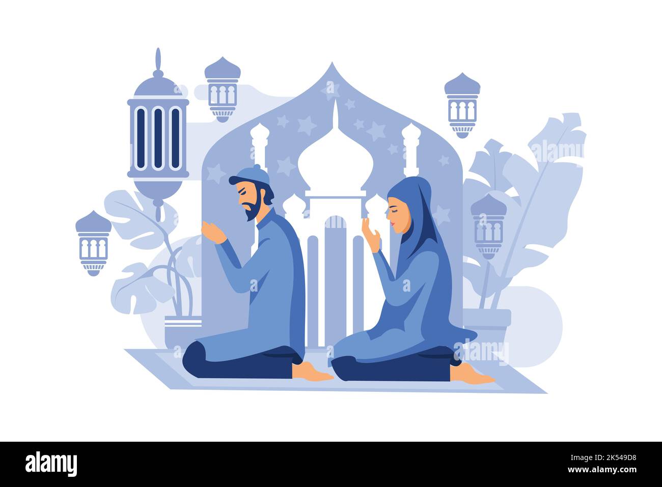 L'homme du couple musulman et sa femme prient ensemble la nuit de Ramadan Kareem. Les musulmans exécutent la prière de Taraweeh en congrégation pendant Ramad Illustration de Vecteur