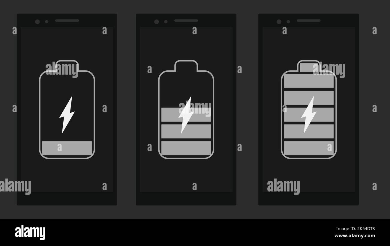 Batterie déchargée et entièrement chargée du smartphone. Ensemble de smartphones avec indicateurs de niveau de charge de la batterie et avec connexion USB. Icône isolée activée Illustration de Vecteur