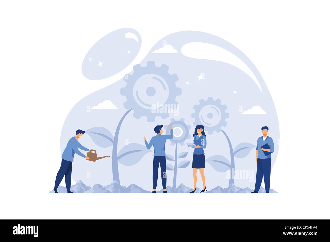 Illustration à vecteur plat, travail d'équipe sur la recherche de nouvelles idées, les petites personnes lancent un mécanisme, la recherche de nouvelles solutions, le vecteur de travail créatif. conception à plat Illustration de Vecteur