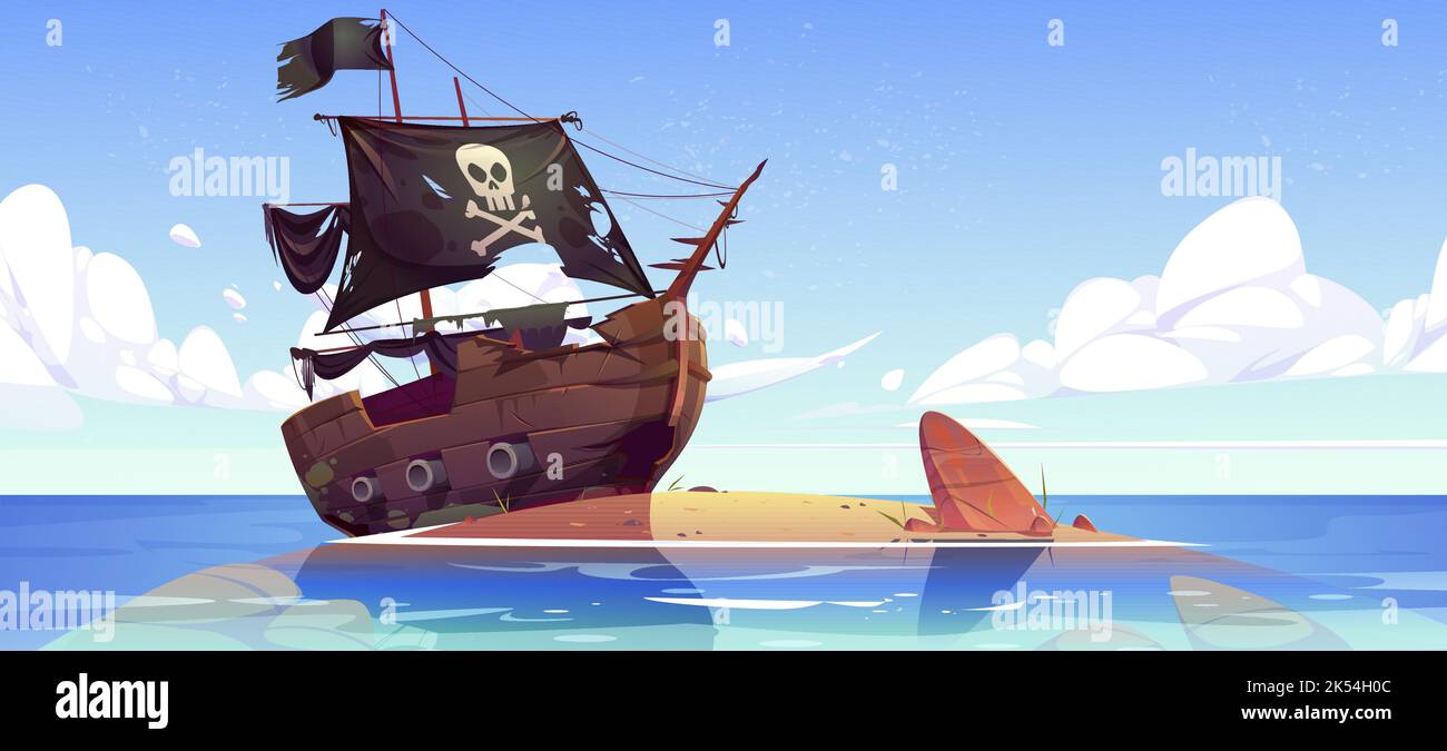 Vieux bateau pirate brisé après naufrage sur la plage. Illustration vectorielle du paysage océanique avec un bateau en bois coulé abandonné avec drapeau noir et voiles avec crâne Illustration de Vecteur