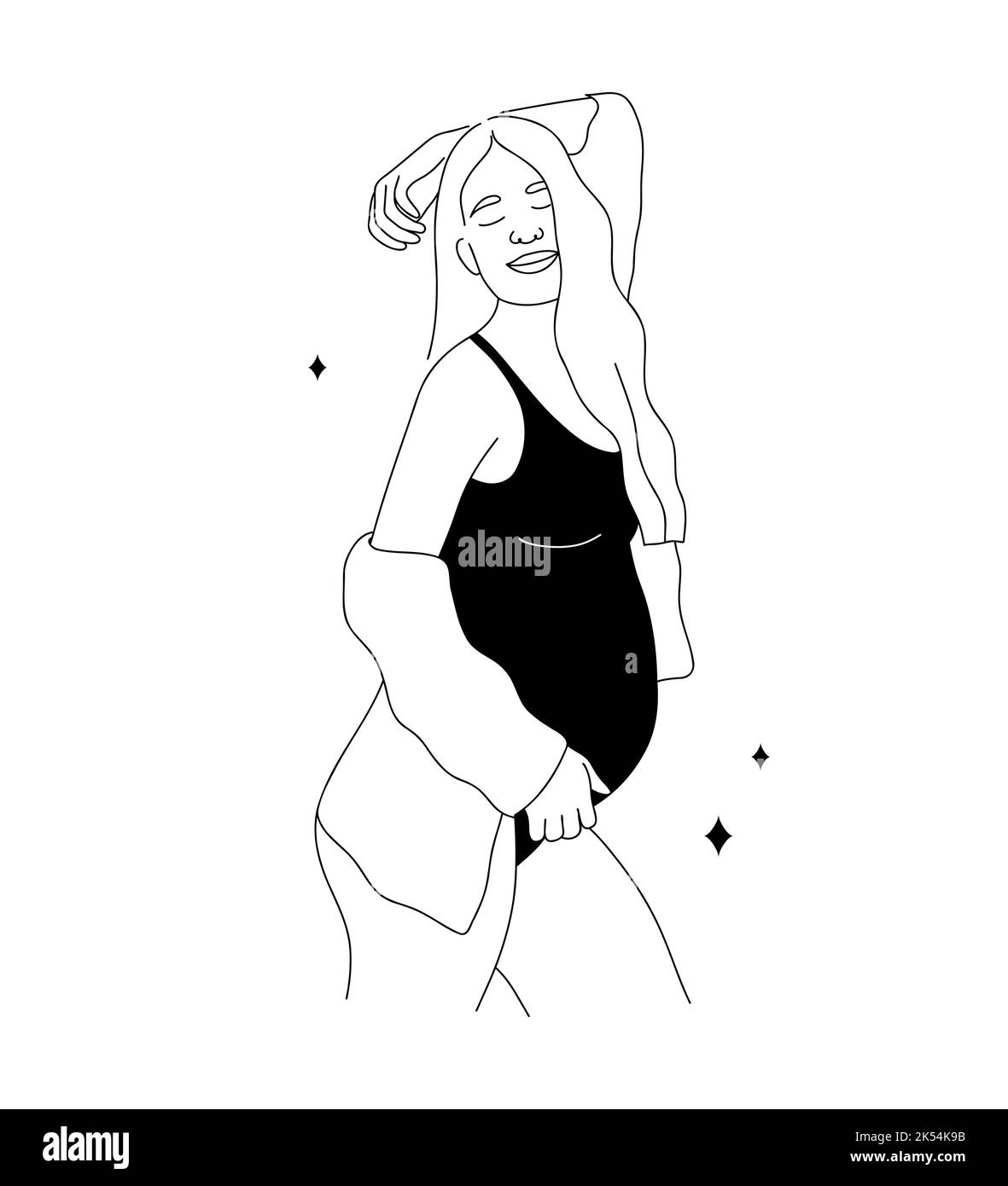 Bonne femme enceinte qui se serre le ventre. Mise en plan d'une ligne. Concept de grossesse et de maternité. Illustration vectorielle de style minimaliste Illustration de Vecteur