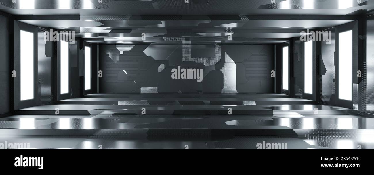 studio vide noir foncé avec éléments métalliques et panneaux lumineux 3d rendu illustration Banque D'Images