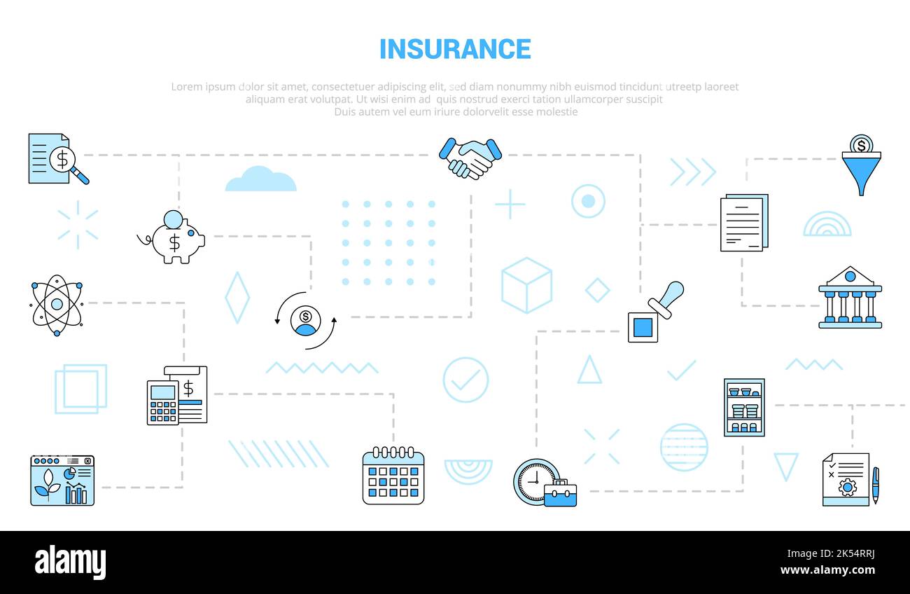 concept d'assurance avec bannière de modèle d'ensemble d'icônes avec illustration vectorielle moderne de style bleu Banque D'Images