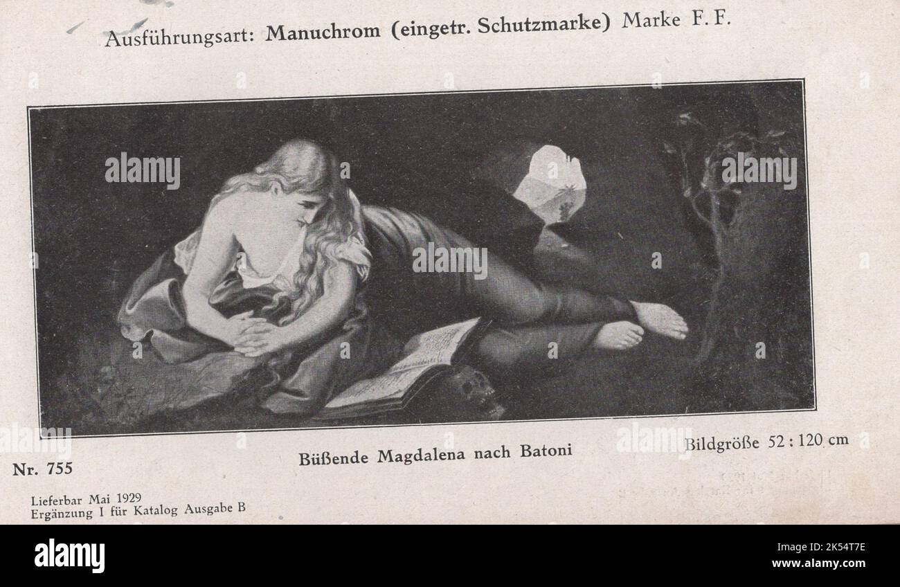 Ausführungsart : Manuchrom ( eingetr. Schutzmarke ) Marke F. F. Büßende Magdalena nach Batoni Leibar Mai 1929 Ergänzung I für katalog AusGabe B Nr. 755 Bildgröße 52 : 120 cm / Penitent Magdalene après Batoni / Banque D'Images