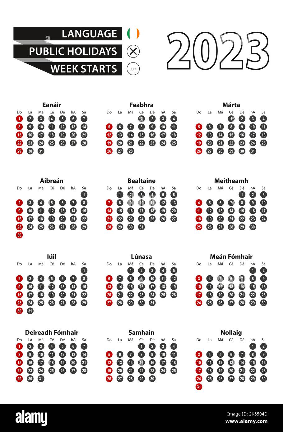 Calendrier irlandais 2023 avec des chiffres en cercles, la semaine commence le dimanche. 2023 avec drapeau de l'Irlande illustration du vecteur. Illustration de Vecteur